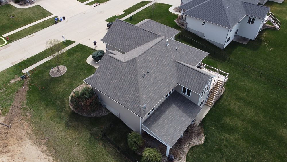Aerial view of a completed roof replacement, Cedar Rapids Corridor