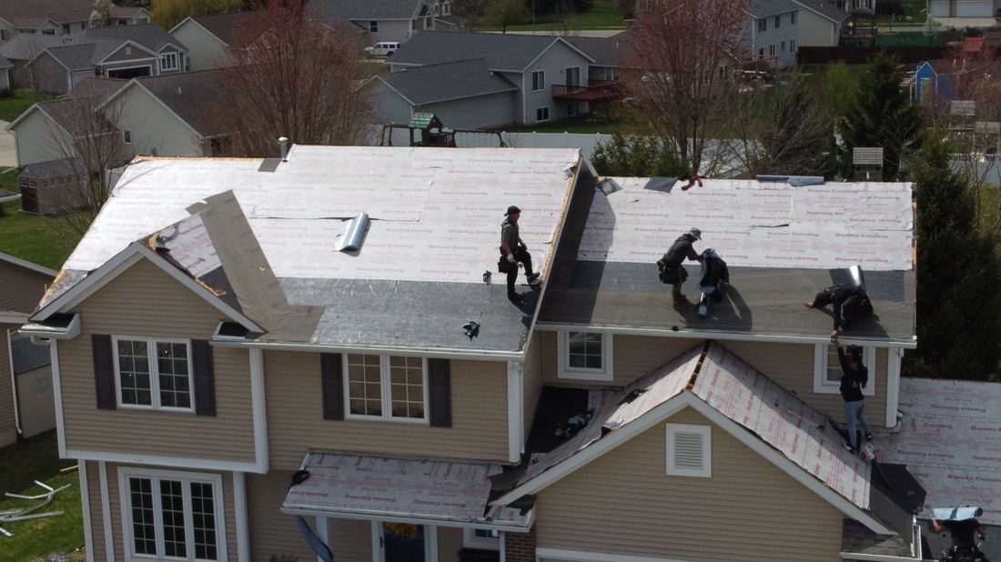 Aerial view of a completed shingle roof, Cedar Rapids Corridor