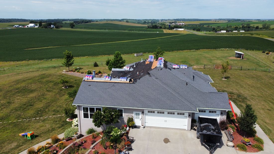 Aerial view of a completed roof, Eastern Iowa