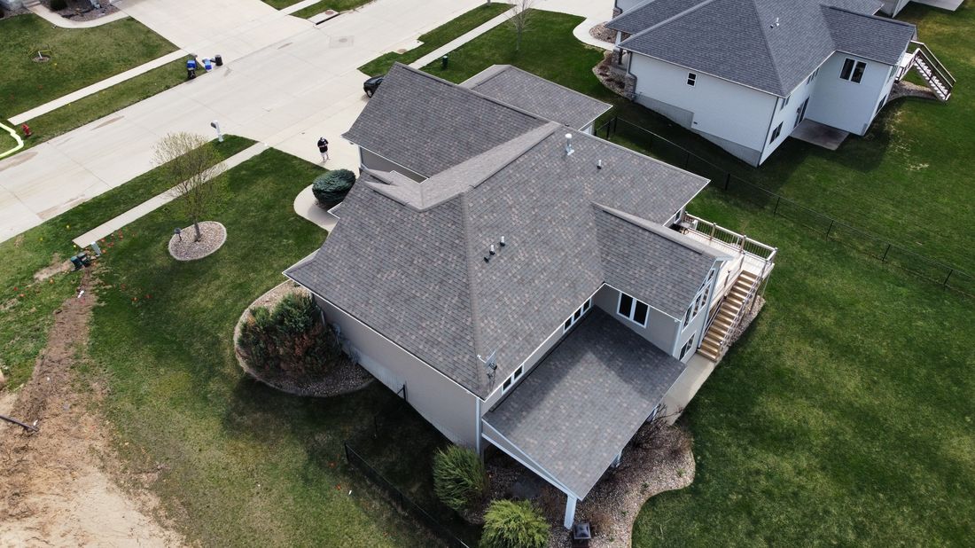 Aerial view of a completed shingle roof