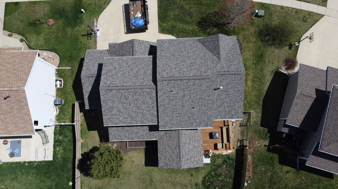 Aerial close-up of a completed roof