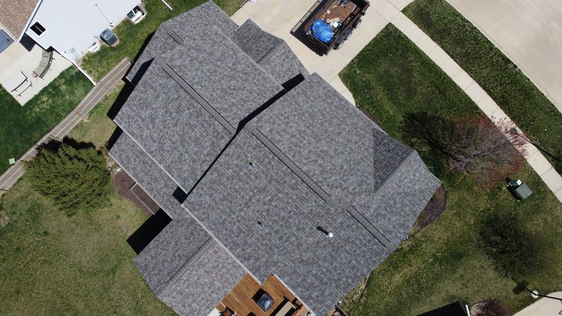 Aerial view of a completed roof after an inspection by Trego Roofing