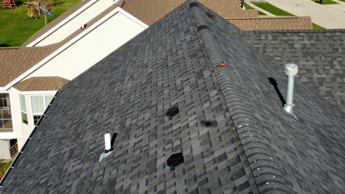Aerial close-up detail of a roof surface inspected by Trego Roofing