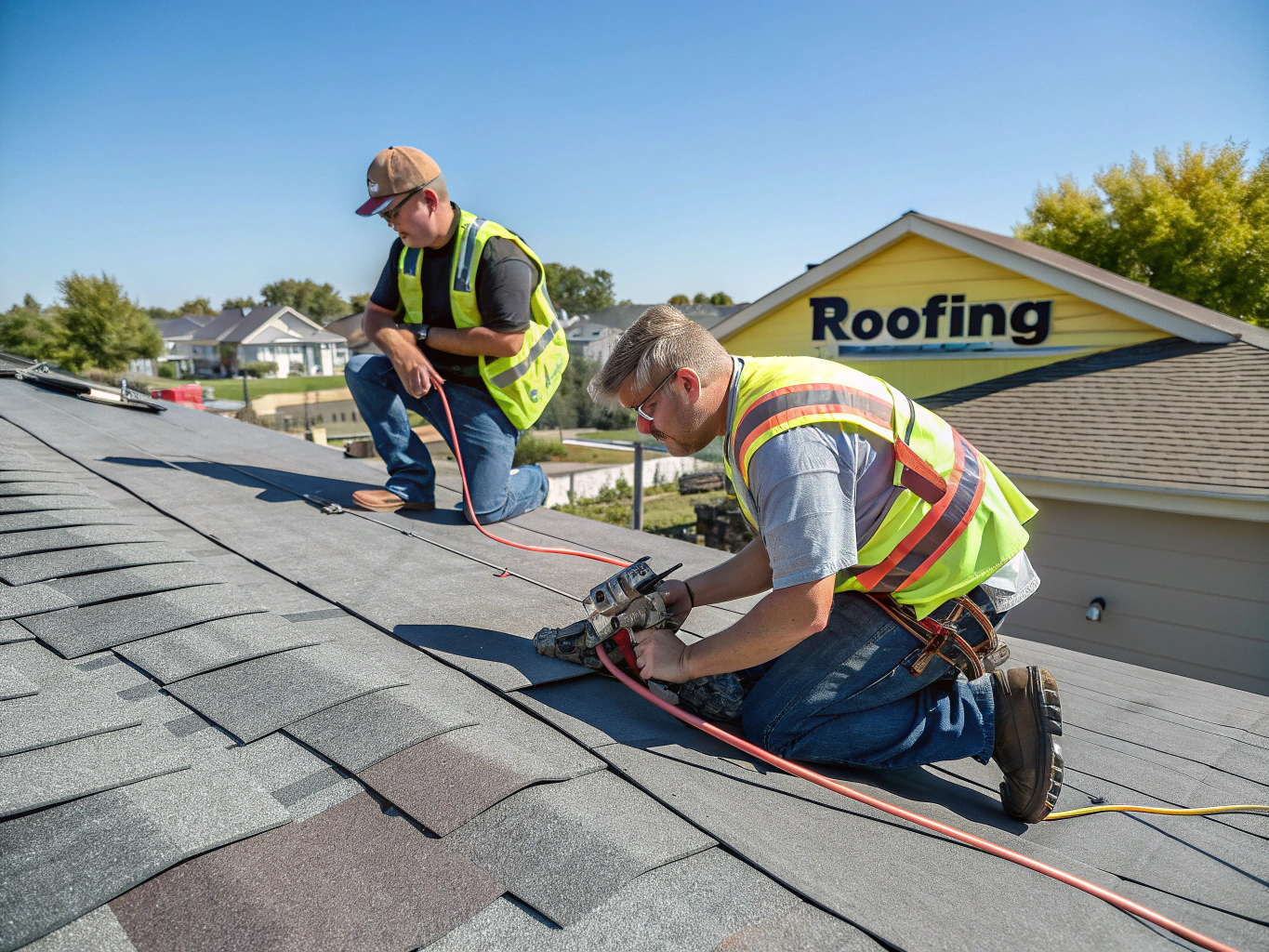 Trego Roofing crew installing architectural shingles on an Eastern Iowa home