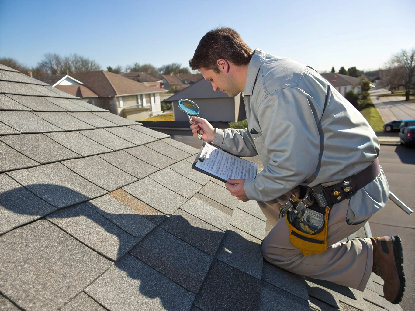 Roofing inspector evaluating residential shingle integrity and ridge vents
