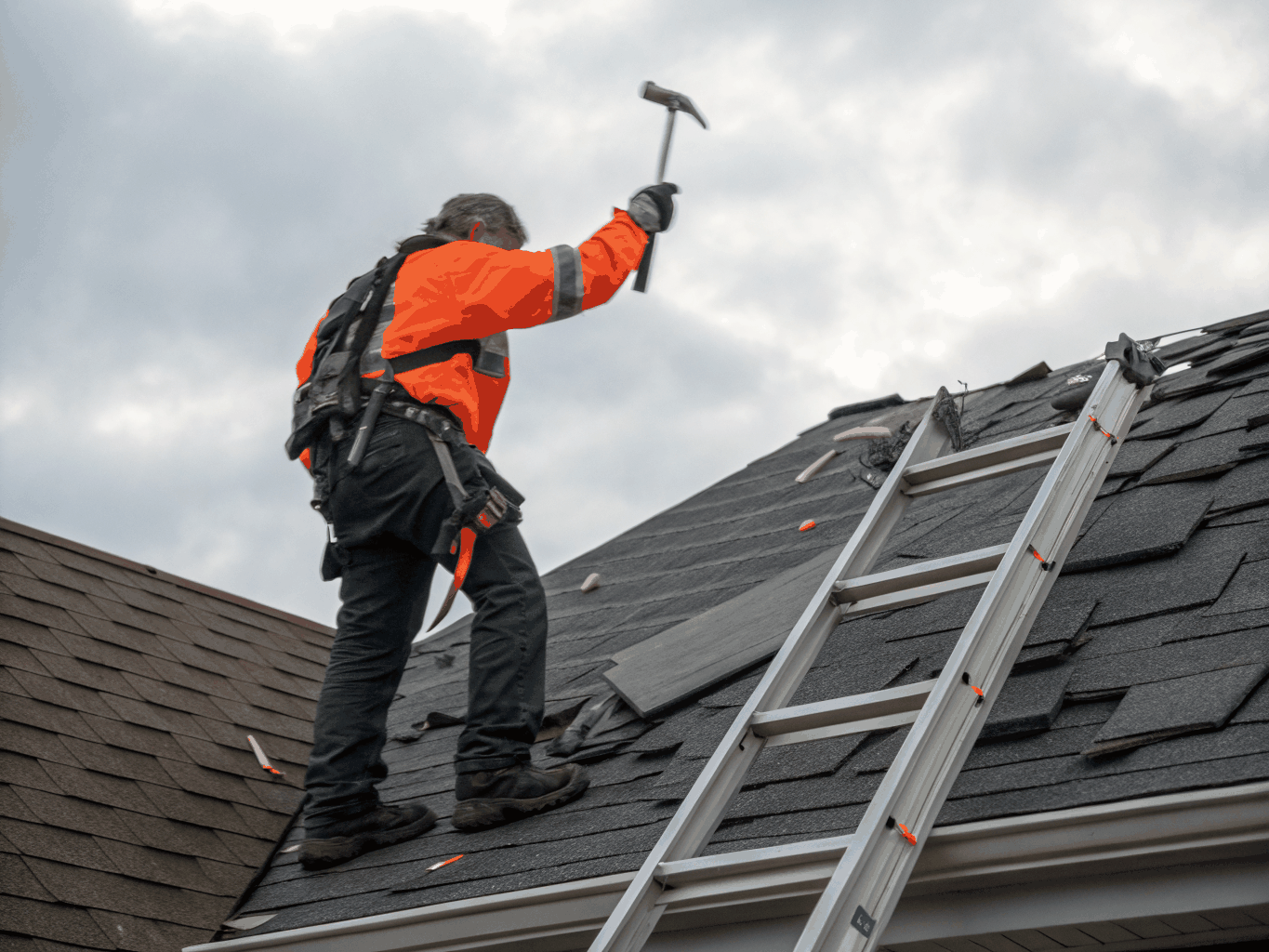 Professional roofer repairing flashing around chimney